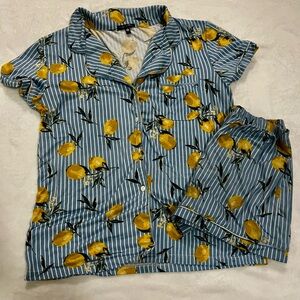 Blue Striped Lemon Print Pajama Set